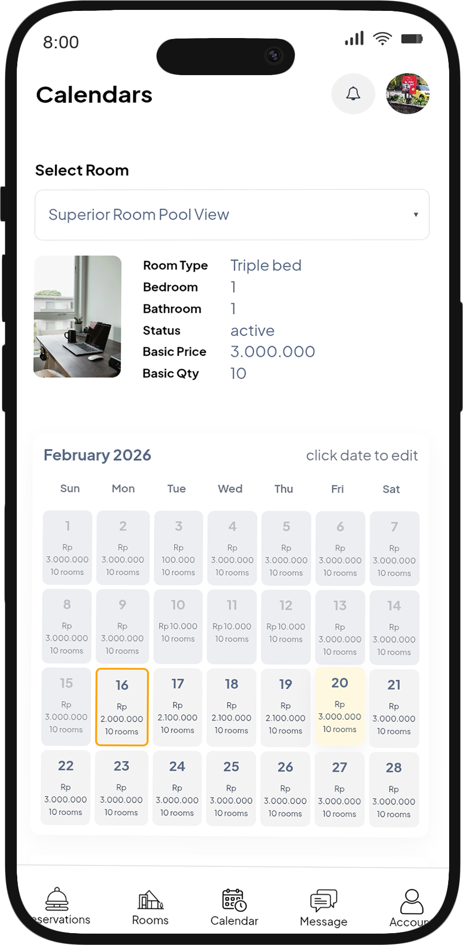 Calendar availability & pricing management
